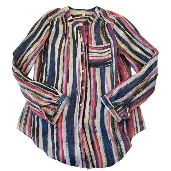 Juniper + Lime Womens Striped Button Front Long Sleeve Blouse Multicolor Small - Picture 5 of 11